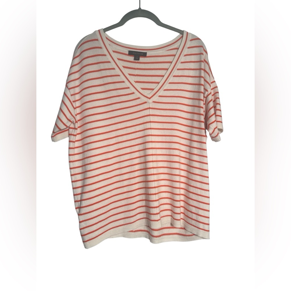 Ann‎ Taylor silk blend V neck Orange White Striped lightweight Fall Halloween